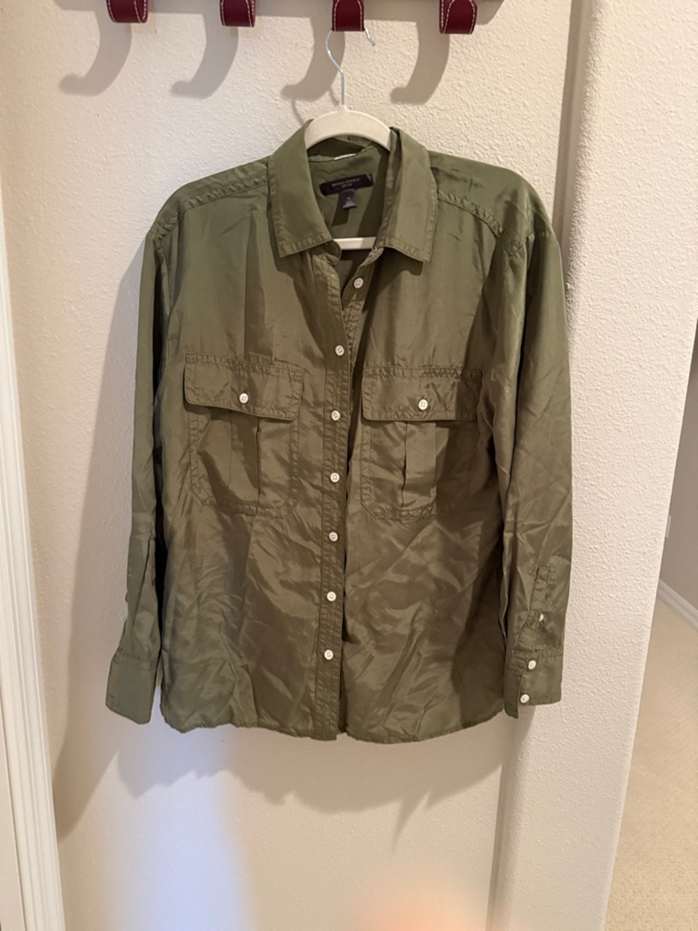 Banana Republic Olive Green Button-Front 100% Silk Shirt